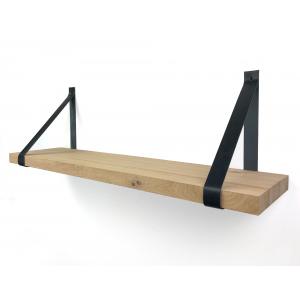 Eiken wandplank massief recht 100 x 25 cm inclusief leren riemen zwart