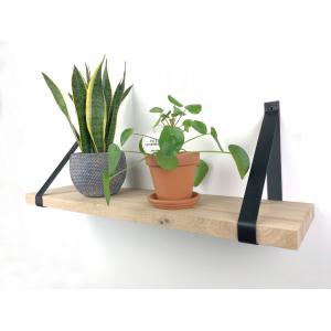 Eiken wandplank massief recht 100 x 25 cm inclusief leren riemen zwart