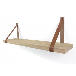 Eiken wandplank massief recht 120 x 30 cm inclusief leren riemen bruin