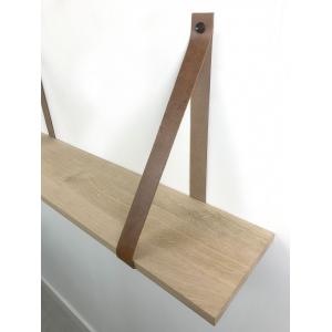 Eiken 18mm wandplank recht 50 x 20 cm inclusief leren riemen cognac